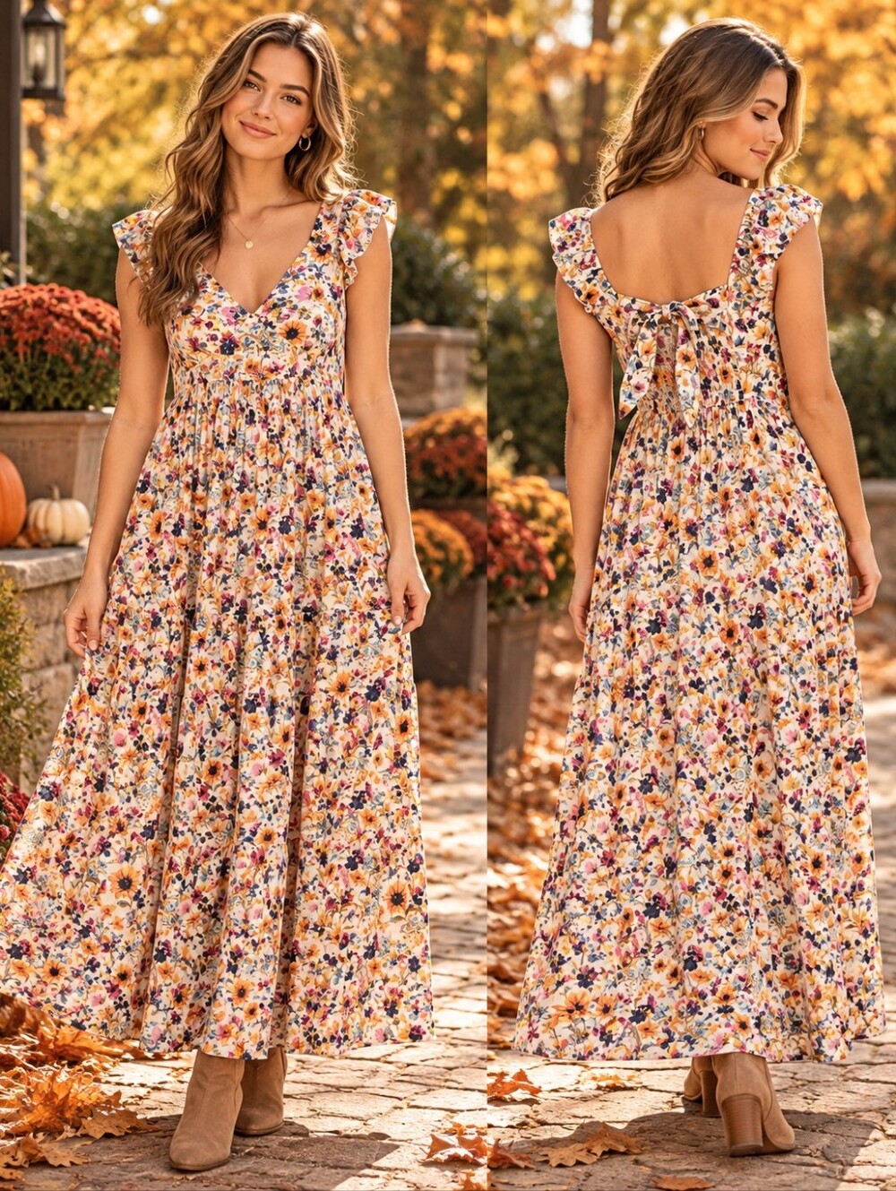 Old Navy Sunflower Floral Tie-Back Maxi Dress Flowy Cottagecore Fall Comfy L